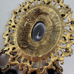 Vtg Signed Celebrity Gems Gold Tone Black Caboch And Rhinestone Pendant Necklace