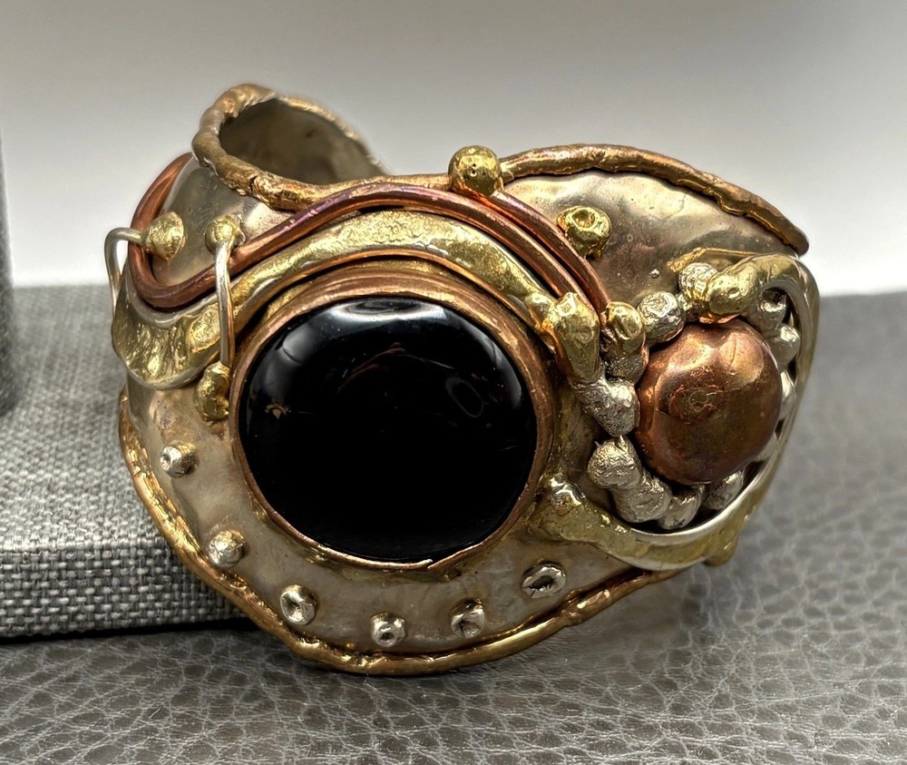 VTG Brutalist Mixed Metal Copper Silver Tone Wide Cuff Bracelet Black Stone 7”