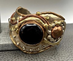 VTG Brutalist Mixed Metal Copper Silver Tone Wide Cuff Bracelet Black Stone 7”