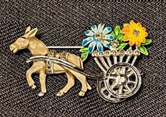 Vintage 1950s Marcasite and Enamel Rhodium Plated Donkey & Flower Cart Brooch