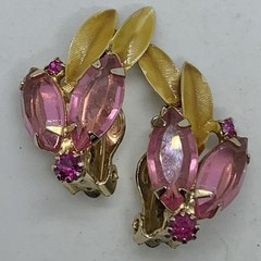 Vtg Midcentury Pink Marquise Rhinestone Yellow Enamel Climber Earrings Clip Claw
