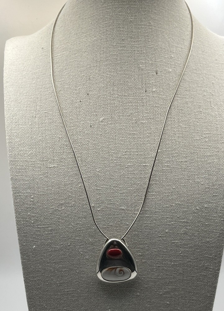 Vintage Shiva Eye Shell & Red Coral Stone Sterling Pendant .925 W/ Necklace
