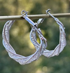 Vtg Sterling Silver Hoop Earrings Twisted Rhinestone Mesh Pierced 925 Leverback