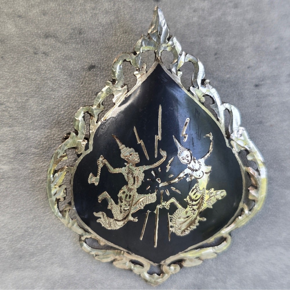 Vintage Thai Siam Niello Silver Brooch Mekhala Ramasoon Goddess Thunder Black