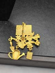 Tona Weekend Gardener Brooch Gold Tone W/Flowers & 3 Charms 2.5 Inches X 2 Inch