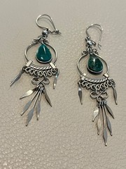 Artisan Dark Green Stone Malachite Tear Drop Silver Tone Metal Spike Earrings