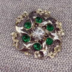 Vintage Floral Brooch Gold Tone Green Clear Rhinestones Open Work 2 Inches