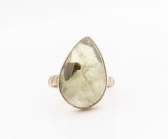 925 Sterling Silver Vintage Ring Green Prehnite Teardrop Band Sz 6.5 RG34176