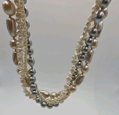 Vintage Faux Pearl Multistrand Round Baroque White Champagne Grey Statement 19.5