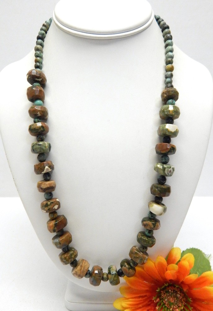 VINTAGE 925 STERLING SILVER, AGATE & TURQUOISE GEMSTONE BEAD NECKLACE 24″
