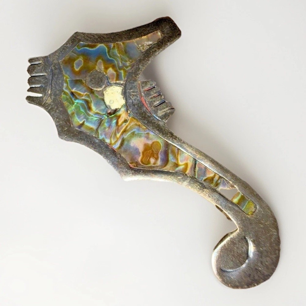 Vtg Mid-Century Seahorse Brooch Pin – Taxco Mexico Silver w/ Abalone Inlay