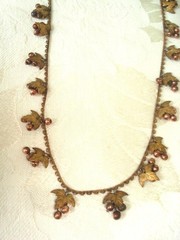 Vintage Brass Tone Copper Tone Necklace With Leaf & Berries Dangles 30 In. KJ