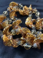Vintage Art Glass Beaded Necklace Twist Gold Foil Station Chain 28″ READ