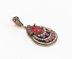 925 Sterling Silver Vintage Red Topaz Cubic Zirconia & Ruby Pendant PT6287