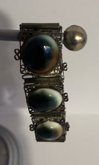 Victorian Silver Tone Filligree Opercullum/Shiva Eye Shells Link Bracelet # 9107