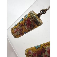 Vintage Cloisonne Style Floral Barrel Dangle Earrings Gold Tone Boho Chic
