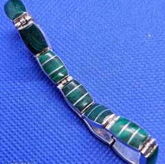 Vintage Peruvian 950 Fine Silver & Malachite Inlay Link Bracelet 13.45 grams