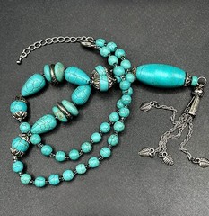CHINESE TURQUOISE Necklace 70s Tassel Y-Drop 18” Silver Plated Statement #1 EUC
