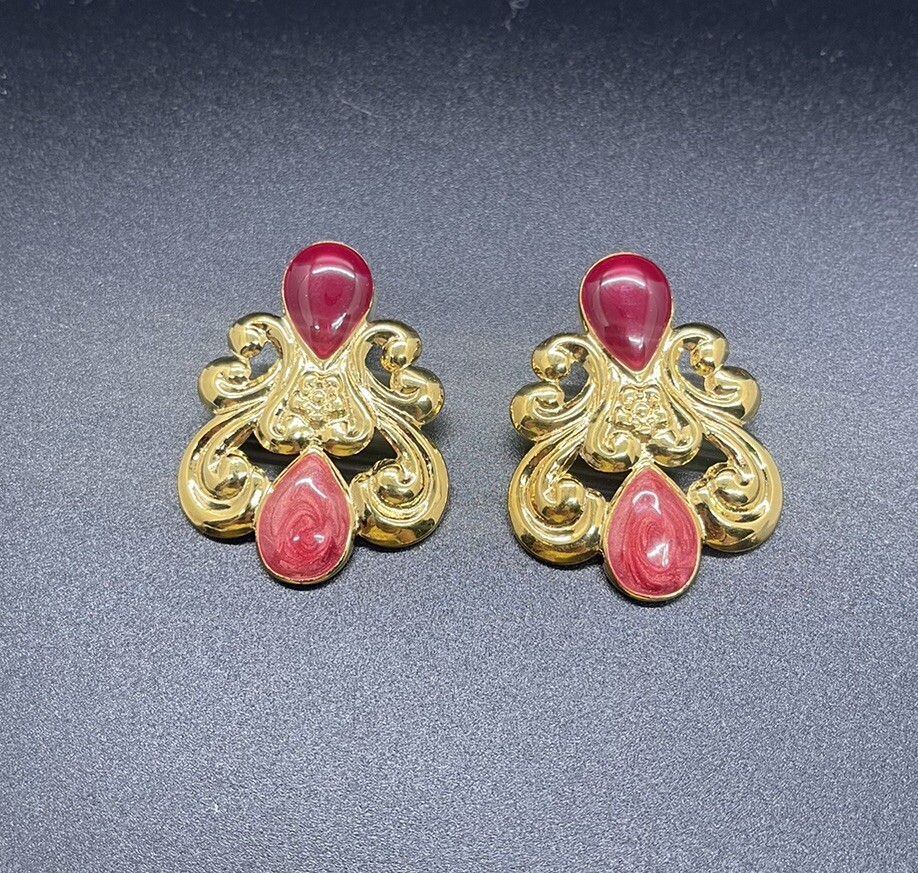 Vintage Gold Tone and Red Enamel Stud Earrings with Post Backs for Pierced Ears