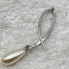 Vintage Faux Pearl Teardrop Swirl Brooch Rhinestones Silver Tone LARGE 3.5″