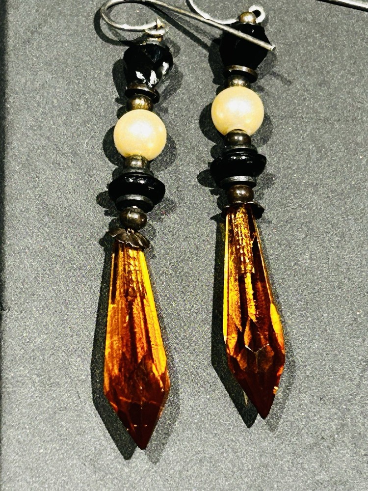 Art Deco Style Long Drop Earrings Amber Glass Prisms Sterling Hooks 4.48 Grams