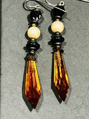Art Deco Style Long Drop Earrings Amber Glass Prisms Sterling Hooks 4.48 Grams