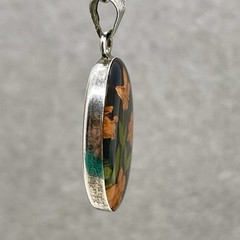 925 Sterling Silver Black Oval Pressed Dried Flower Resin Pendant Botanical