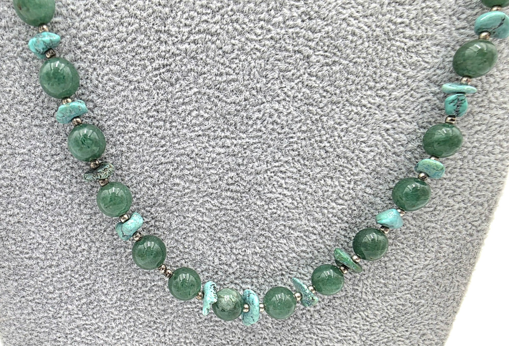 Turquoise Jade Bead Necklace 26 In Earthy Green Gemstone Silver Tone VTG