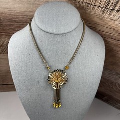 Barclay Vintage Gold Tone Yellow Topaz Flower Rhinestone Necklace dangle