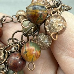 Vintage Bracelet Beaded Cluster Jasper and Clear Crackle Beads Tassel Charm