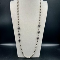 Vintage Long Silver Tone Necklace Black Floral Stations 35″ Southwest Statement