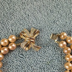 Vintage Marvella Double Strand Hand Knotted Faux Pearl Bow Necklace 15″ Signed