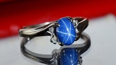 10k w/gold sz 5 ring 1.00ct lab created blue star sapphire diamond 1.72gr N3505