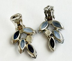 D&E Vintage Flower Corsage Ice Blue & Onyx Navette Brooch Pin & Clip-on Earrings