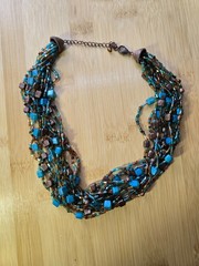Multi-Layered Chunky Beaded Necklace, Bronze and Aqua Accents 18″