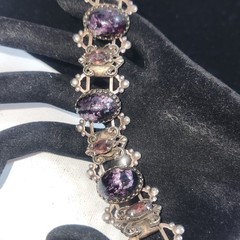 Vintage Purple Cabochon Ornate Link Bracelet Silver Tone Victorian Style 6.25 in