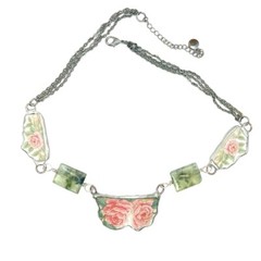 Hand Crafted Antique Roses Broken Lynns Bone China Necklace With Prehnite Stones