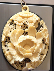 Vintage Floral Carved Celluloid Pendant Beige Wood Base 3D Acrylic Loop