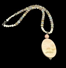 925 Pearl And AB Crystal Bead Necklace Oval Pink Agate Pendant 15.5 inches
