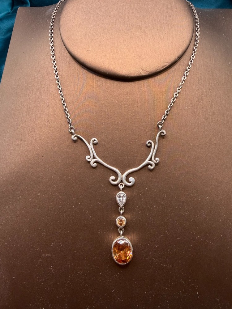 Sterling Silver Victorian Revival Necklace Orange Clear Stones Artisan Made 16.5