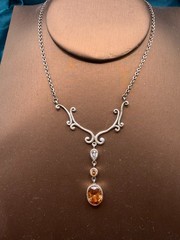 Sterling Silver Victorian Revival Necklace Orange Clear Stones Artisan Made 16.5