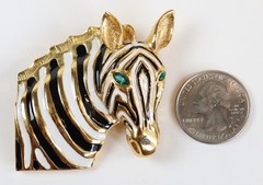 VTG Zebra Head Brooch Pin Gold Tone Black White Enamel Statement Jewelry Africa