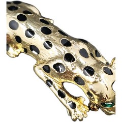 VTG Goldtone Enamel Green Eyed Articulated Tail Crouching Leopard Brooch, 5″