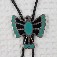 Vintage Bolo Tie Eagle Thunderbird Turquoise Silver Green & Black Enamel Design