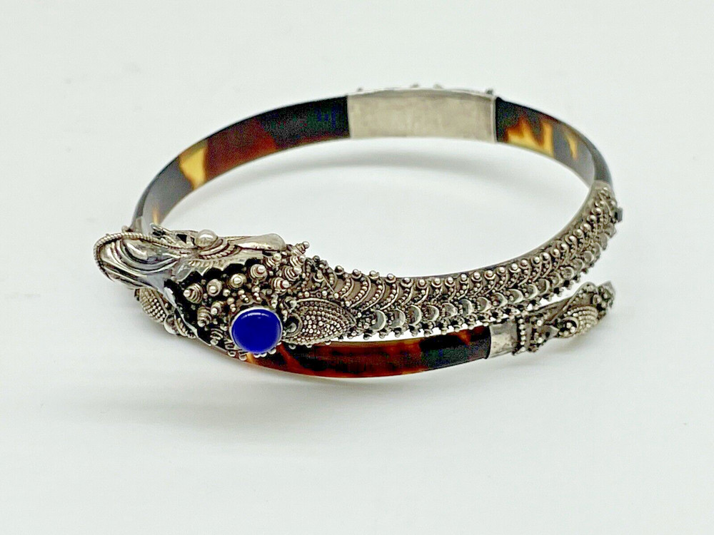 Antique Chinese Sterling Silver Dragon Faux Tortoise Shell Bypass Bracelet