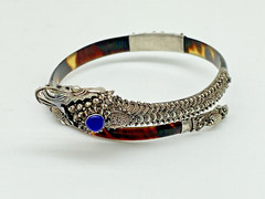 Antique Chinese Sterling Silver Dragon Faux Tortoise Shell Bypass Bracelet