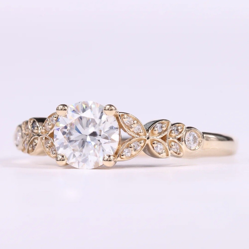 Vintage Inspired Leaf Cluster Engagement Ring Floral Motif Antique Style Jewelry
