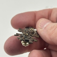Vintage Mid Century Brass Filigree Brooch Hand Wired Pearls and Pink Rhinestone