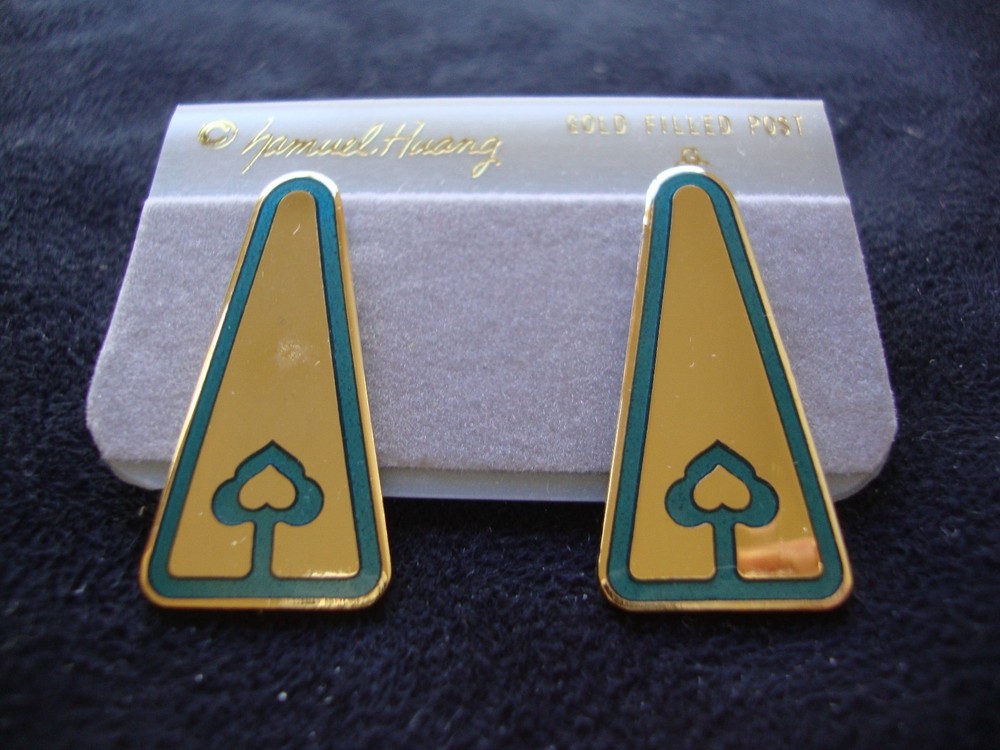 VINTAGE SAMUEL HUANG DESIGNER CLOISONNE RETRO ABSTRACT AQUA ENAMEL STUD EARRINGS