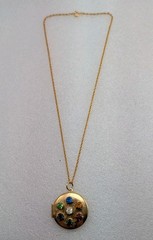 Vintage 40s Gold Tone “Dearest” Multicolor Rhinestone Locket Chain Necklace